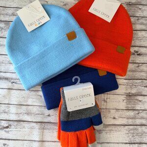 Boys Hat/Gloves Set - 3 Folded Cuff Beanies & Pair Gloves by Falls Creek NWT